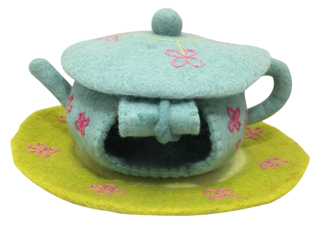 papoose fairy house made from felt shaped like a tea pot