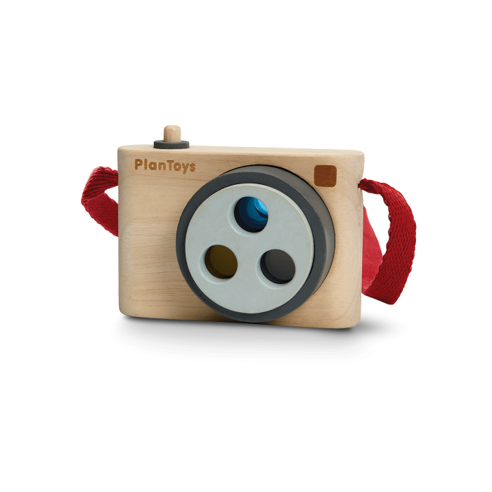 PlanToys wooden camera with three colored lenses