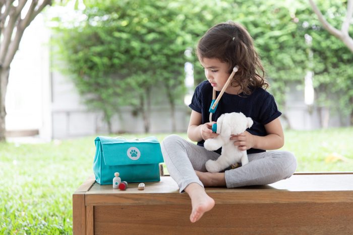child playing vet with wooden vet set and stuffed animal dog