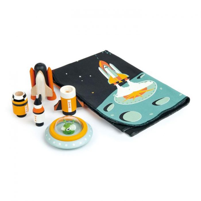 Wooden space toy with alien and play mat