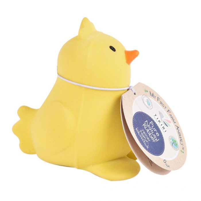 yellow chick teething toy with label