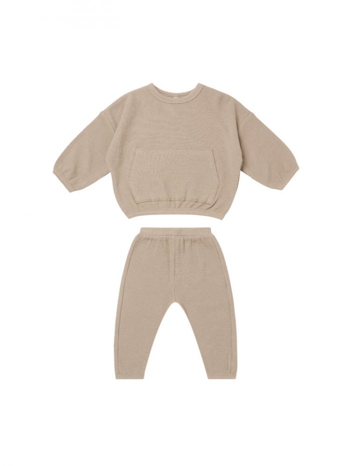 Quincy Mae Waffle Top + Pant Set Warm Grey